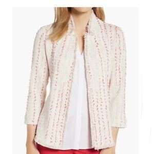 Nic + Zoe Fringe Blazer Open Front White Pink Confetti Motif Size Large